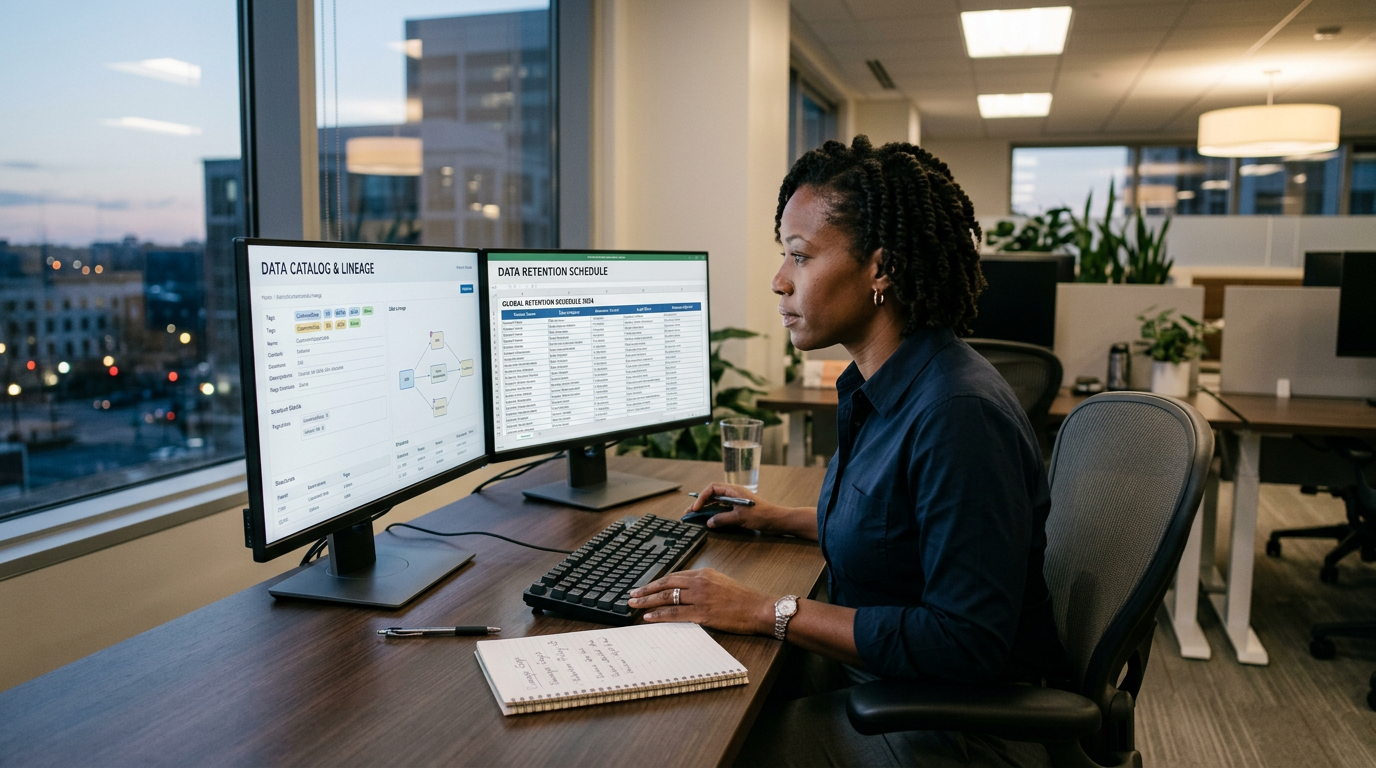 Consultant reviewing a data catalog and retention schedule on dual monitors at dusk