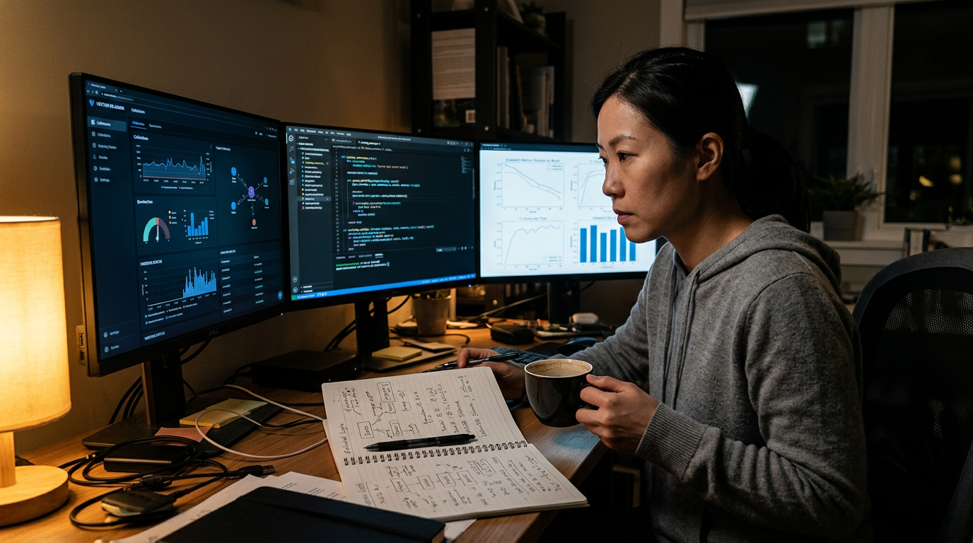 Consultant at a multi-monitor desk at night building a production RAG system