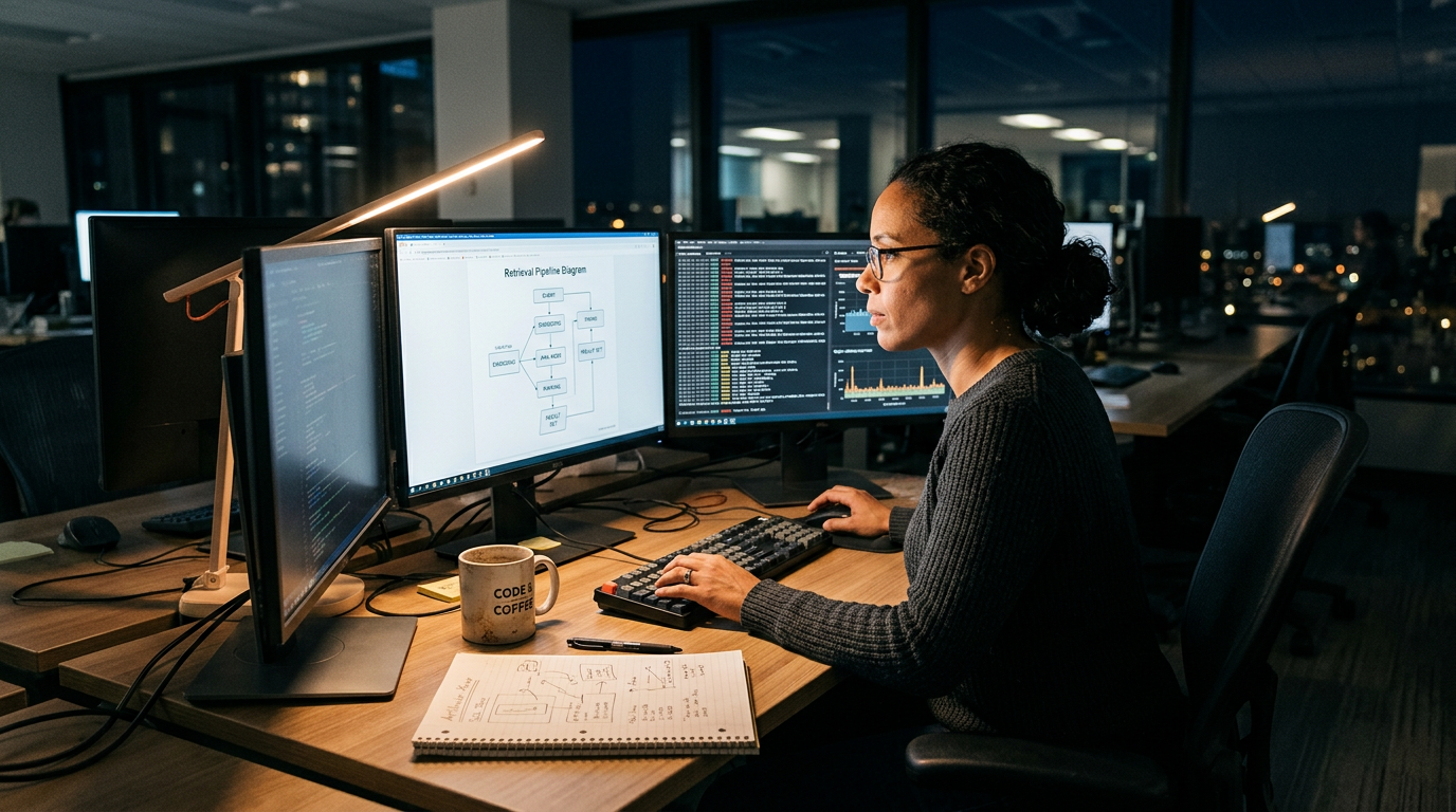 Engineer reviewing retrieval pipeline logs and latency charts on multiple monitors at night