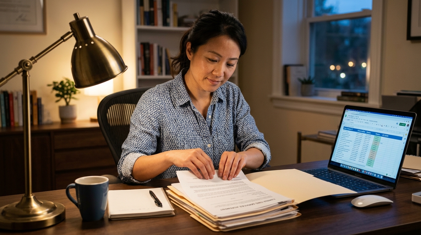 Contract IT consultant sorting paperwork and laptop after project ended early