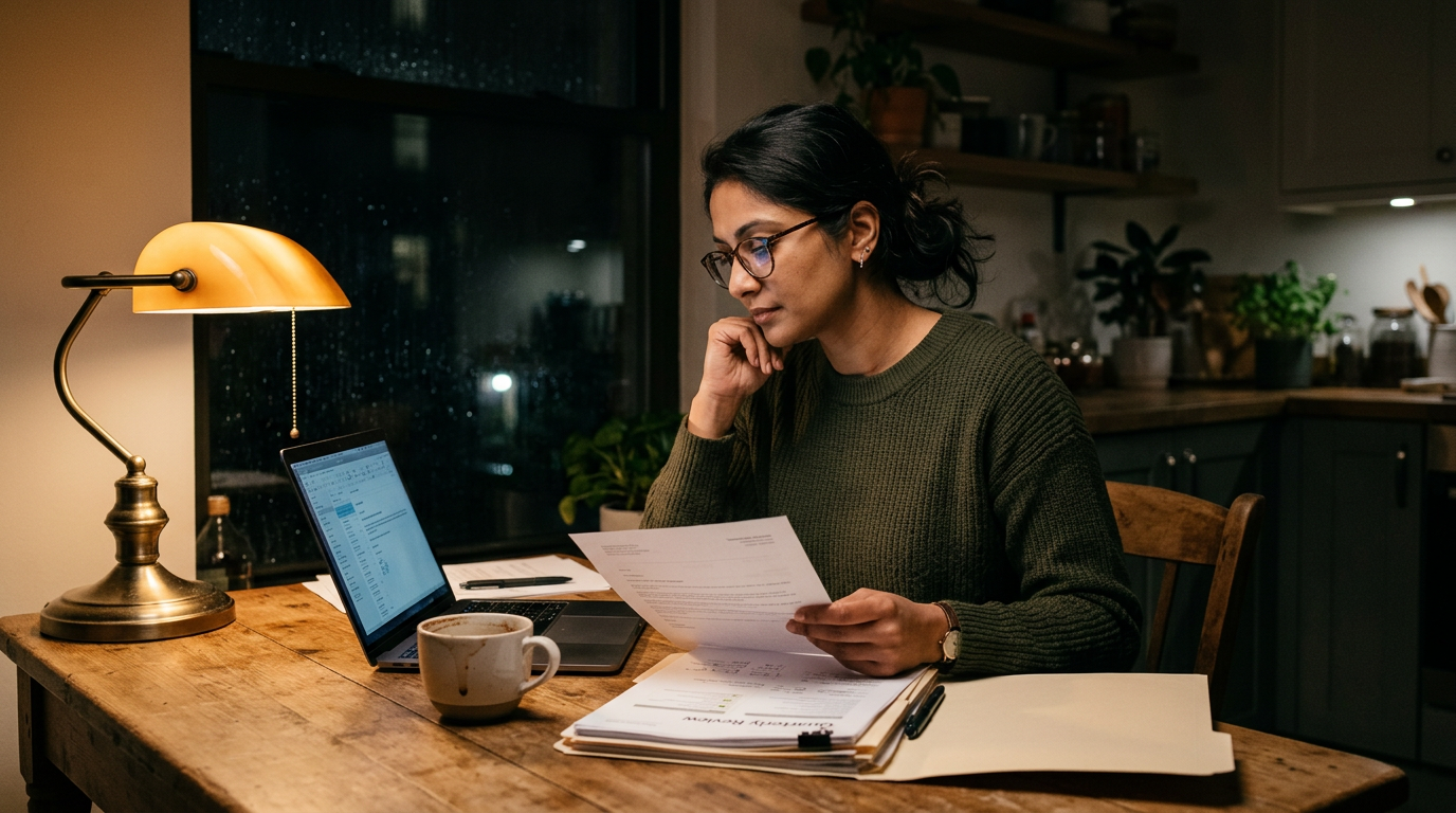 Consultant at kitchen table at night reviewing documents before deciding on a promotion