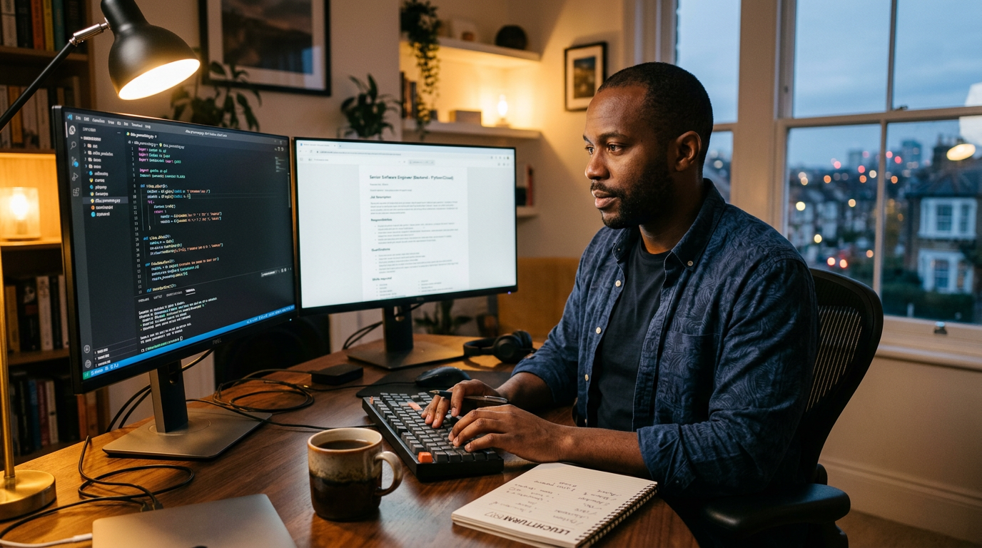 Consultant reviewing a job requisition and code editor side by side at a desk