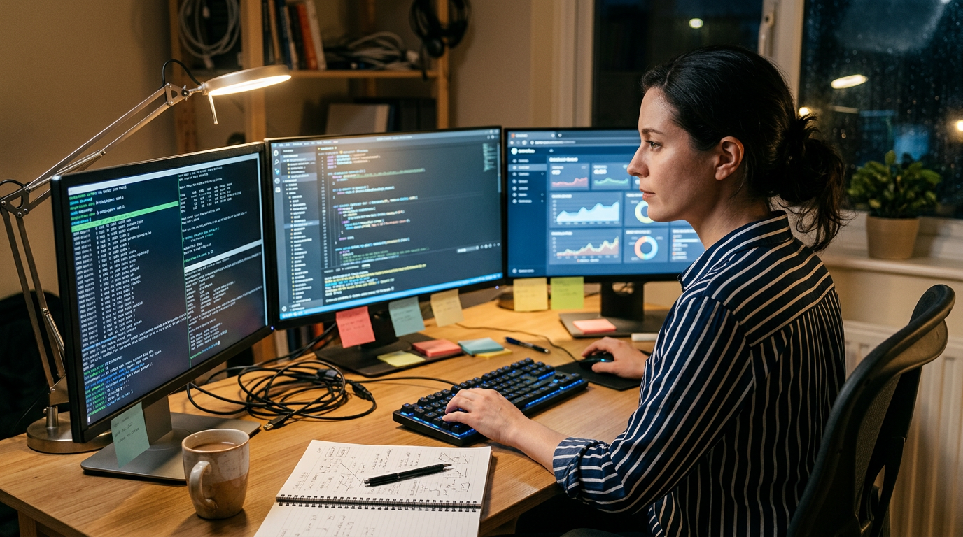 Consultant at a multi-monitor desk at night planning a focused skill-building project