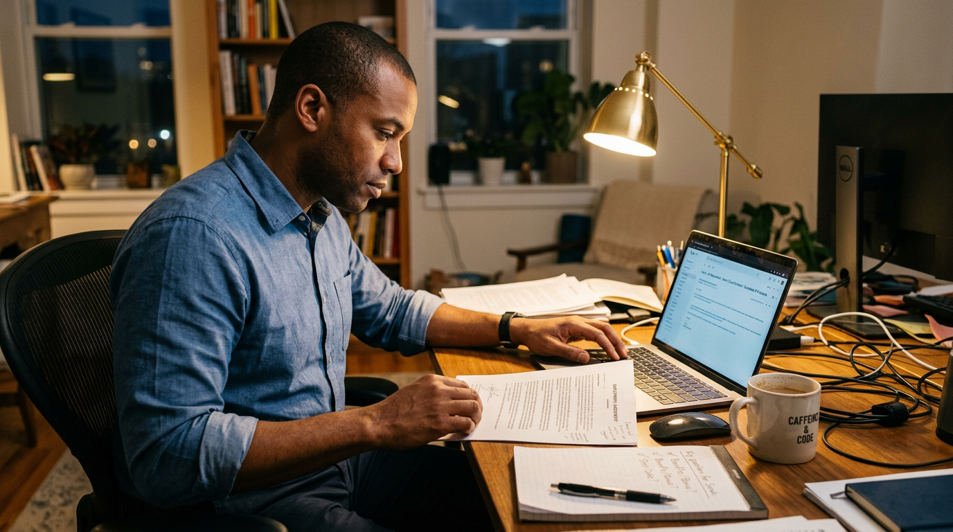Consultant reviewing a reopened contract requisition at a desk in the evening