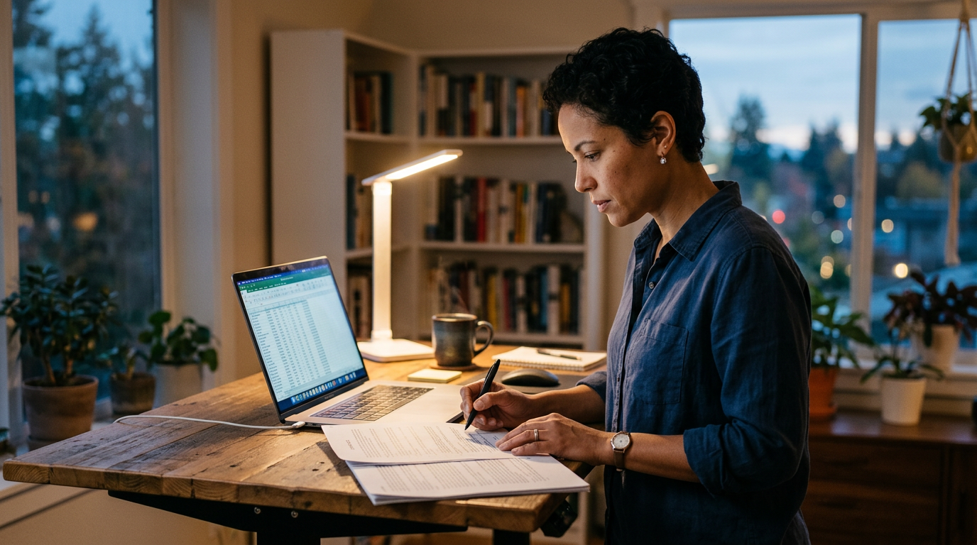 Consultant reviewing a contract extension at a standing desk with a laptop showing a rate spreadsheet