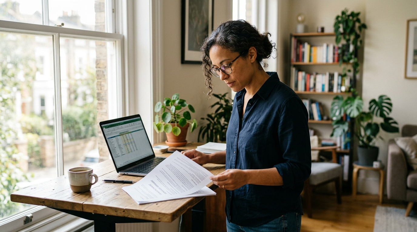 Consultant at a standing desk reviewing a contract and rate spreadsheet in morning light