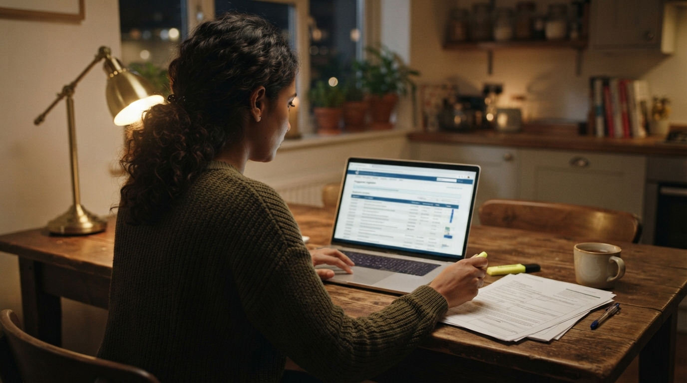 Consultant reviewing visa bulletin charts on a laptop at a home desk at night