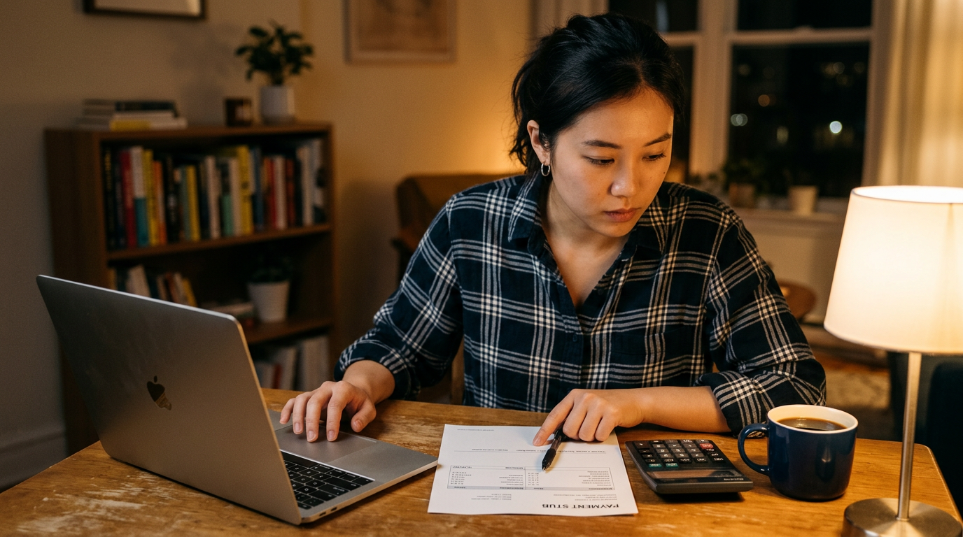 Young professional reviewing a printed pay stub at a kitchen table at night