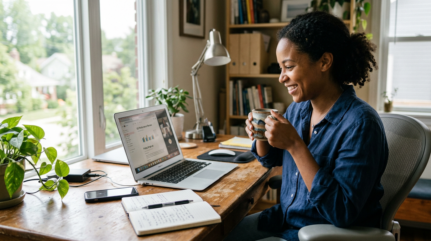 Consultant reading a Friday morning bench email at a home office desk with coffee