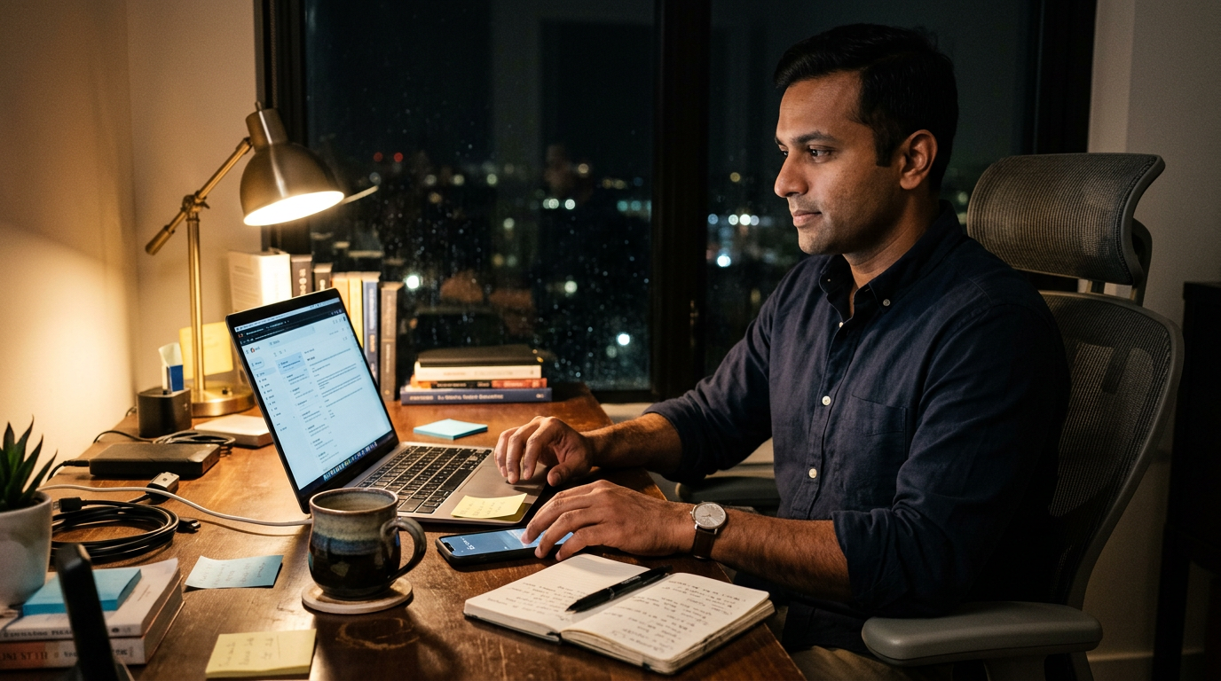 Consultant at a home desk at night following up with a recruiter by phone and laptop