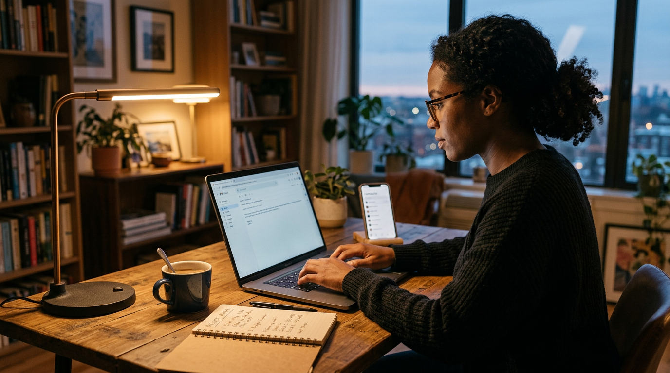 Consultant at a laptop drafting an email to a former client manager at night