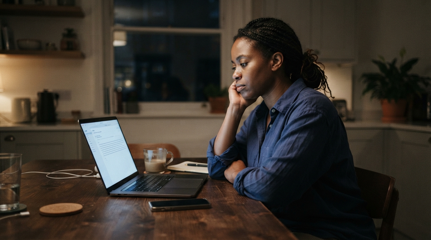 Consultant sitting alone at a kitchen table at night after a final-round job rejection email