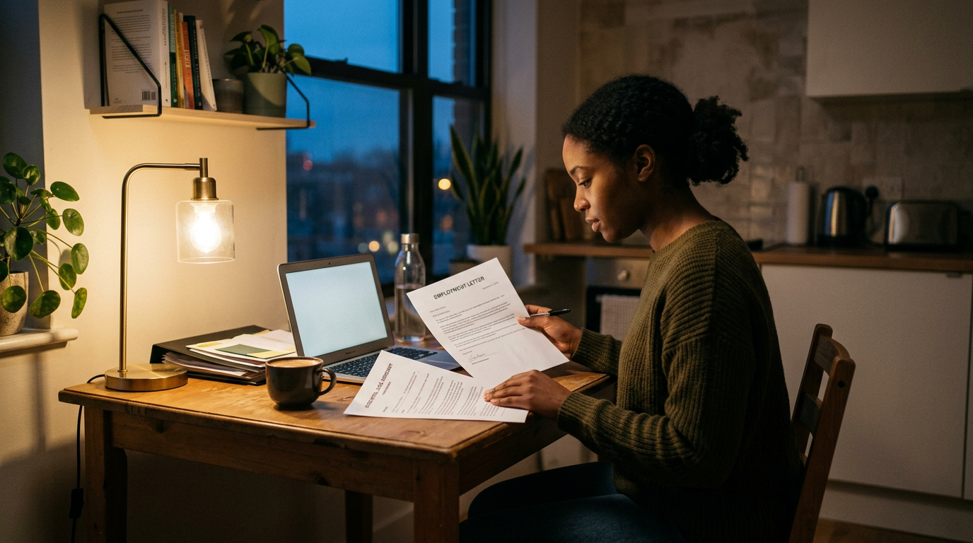 New contractor reviewing a lease and employment letter at a kitchen table with no credit history