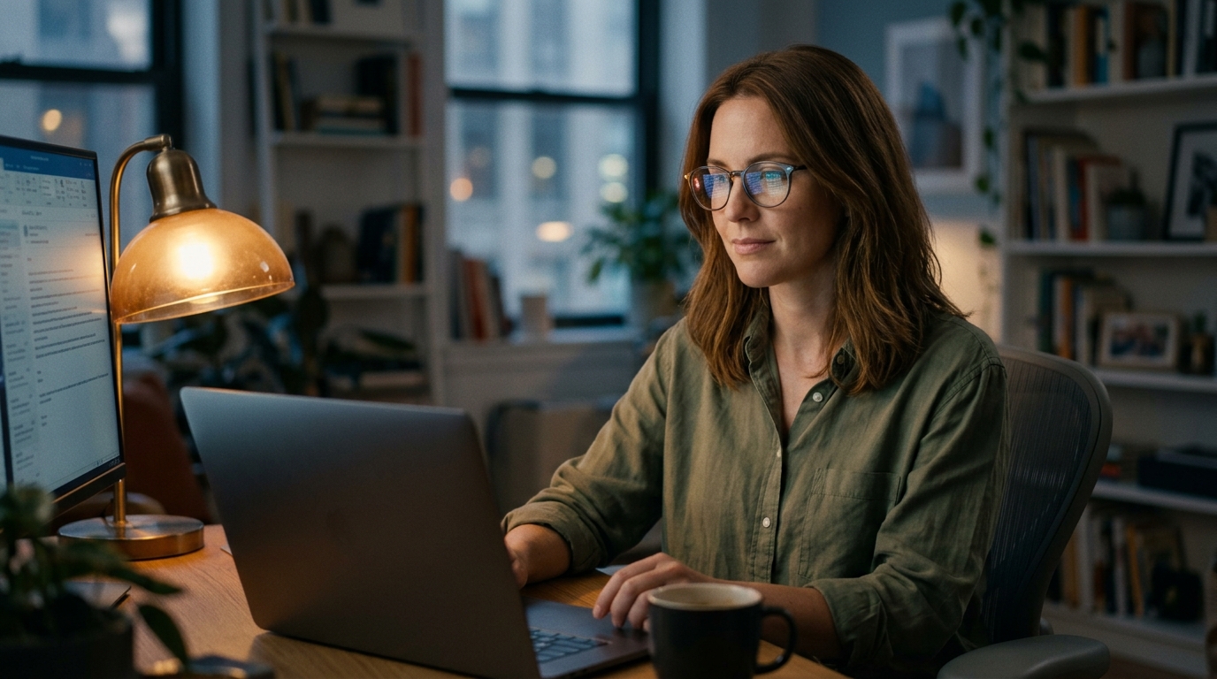 Consultant calmly reading a rejection email at a laptop in a home office at night