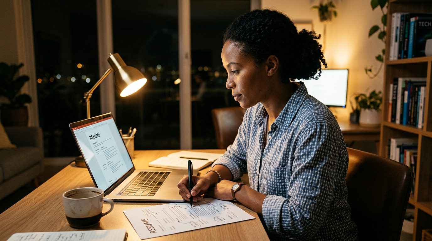 IT consultant reviewing a printed resume beside a laptop at a home desk at night