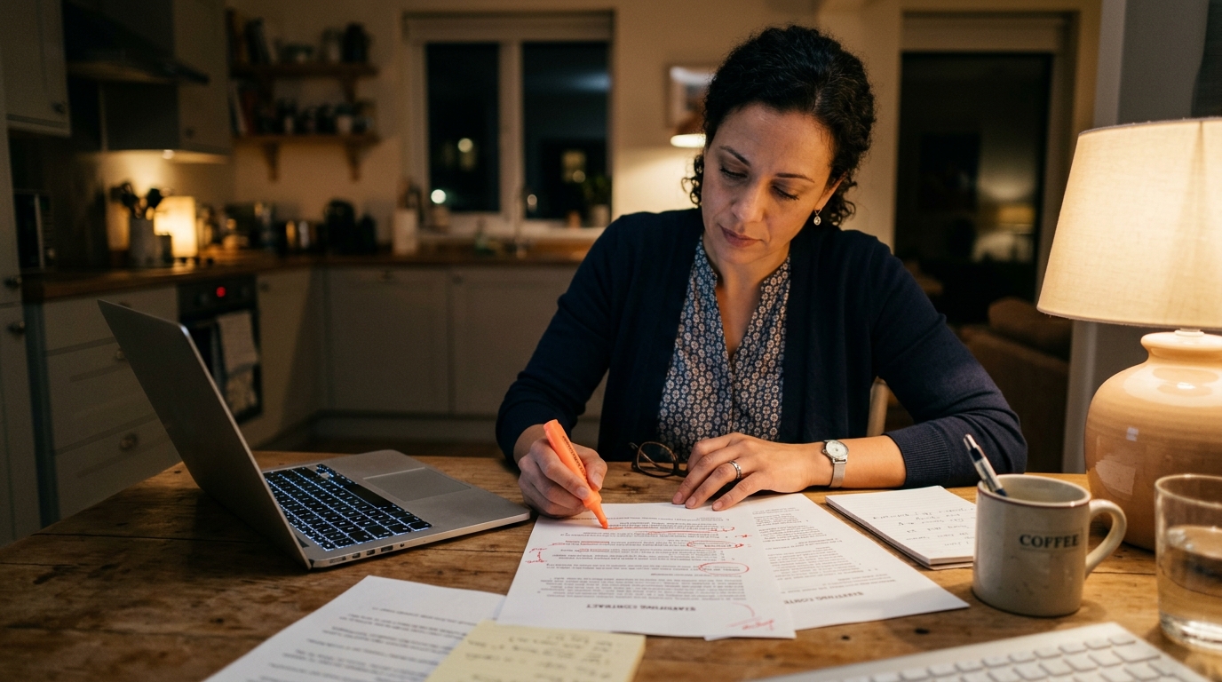 Consultant reviewing a printed staffing contract with a highlighter at a kitchen table at night