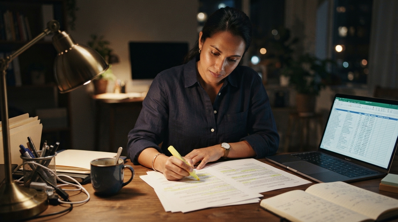 Consultant reviewing a right-to-hire contract clause at a home office desk at night