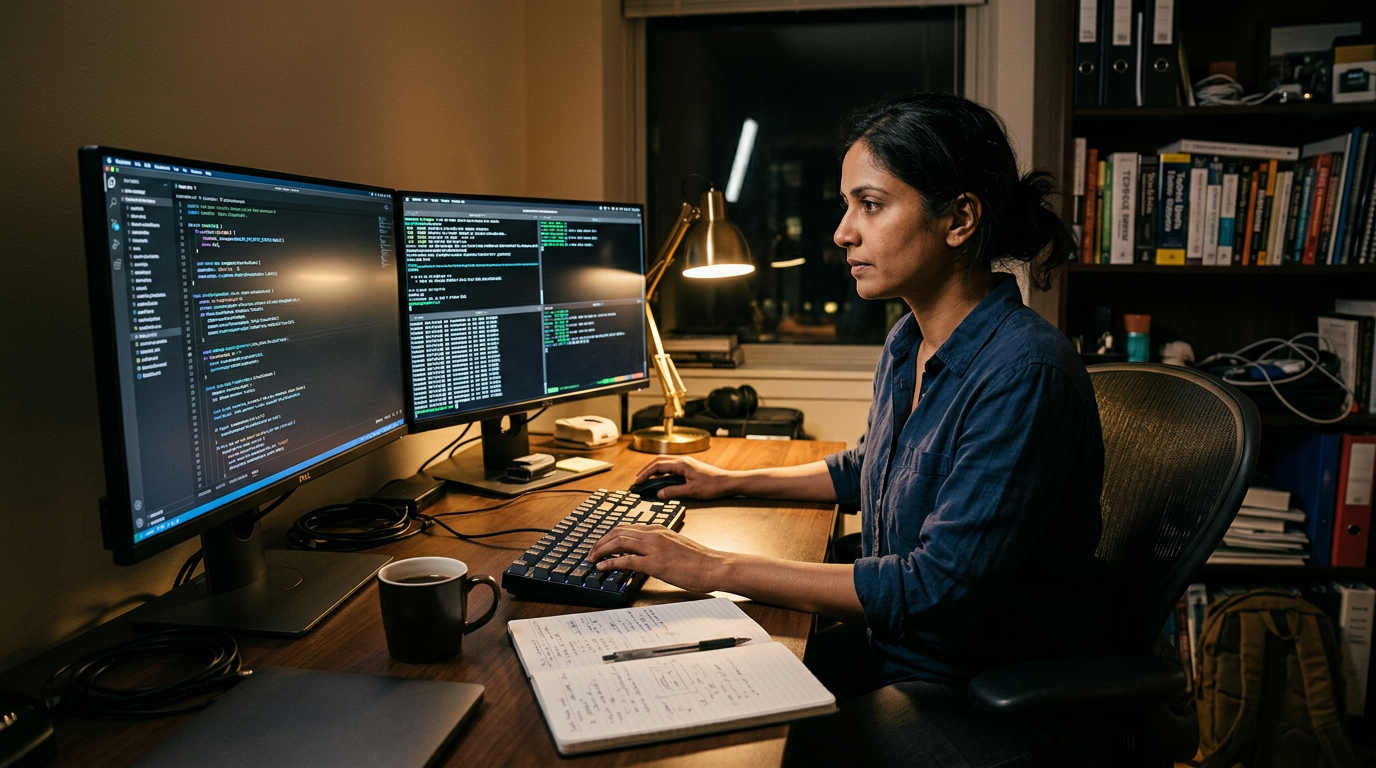 Engineer reviewing systems code at a dual-monitor desk at night, evaluating Rust for contract work