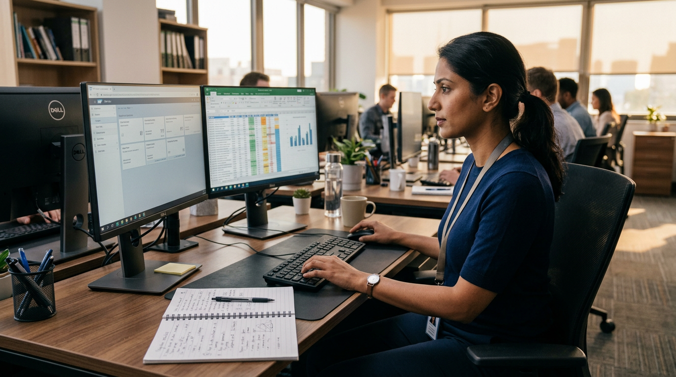 SAP consultant reviewing S/4HANA migration data at a dual-monitor workstation