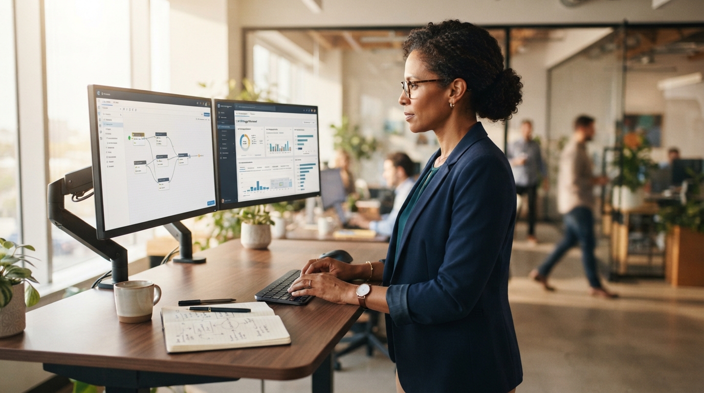 Consultant at a standing desk reviewing platform workflow screens on dual monitors