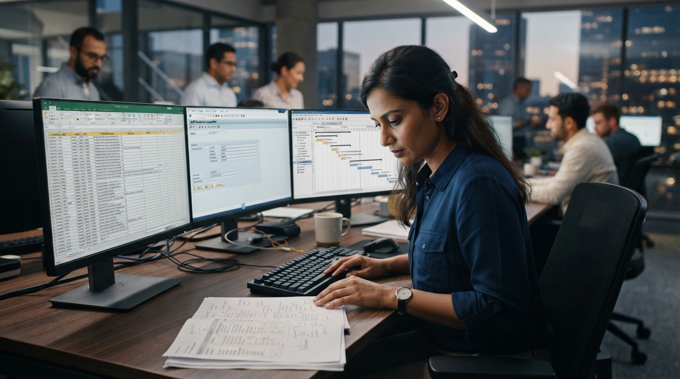 SAP consultant reviewing data migration documentation at a multi-monitor workstation