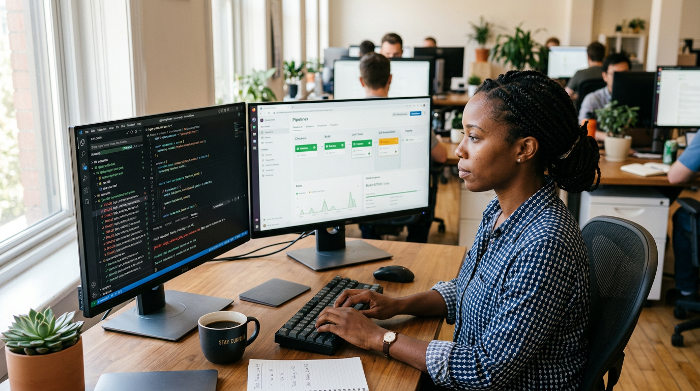 QA automation engineer reviewing Playwright test results and a CI pipeline dashboard on dual monitors