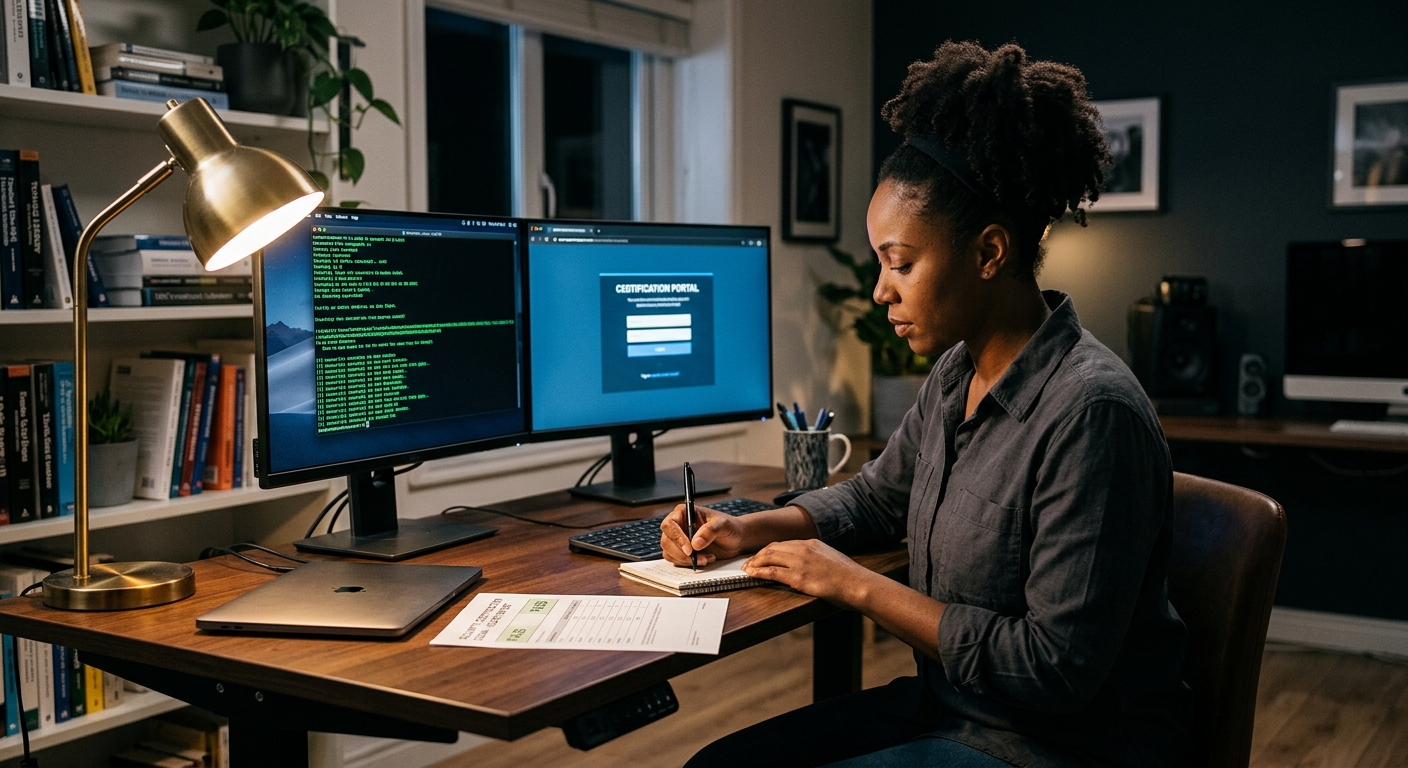 Security consultant reviewing certification and job postings at a dual-monitor desk at night
