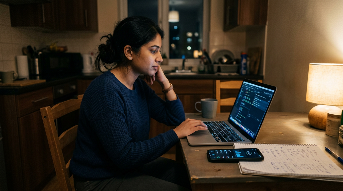 IT consultant at a kitchen table at night reviewing finances before sending money home