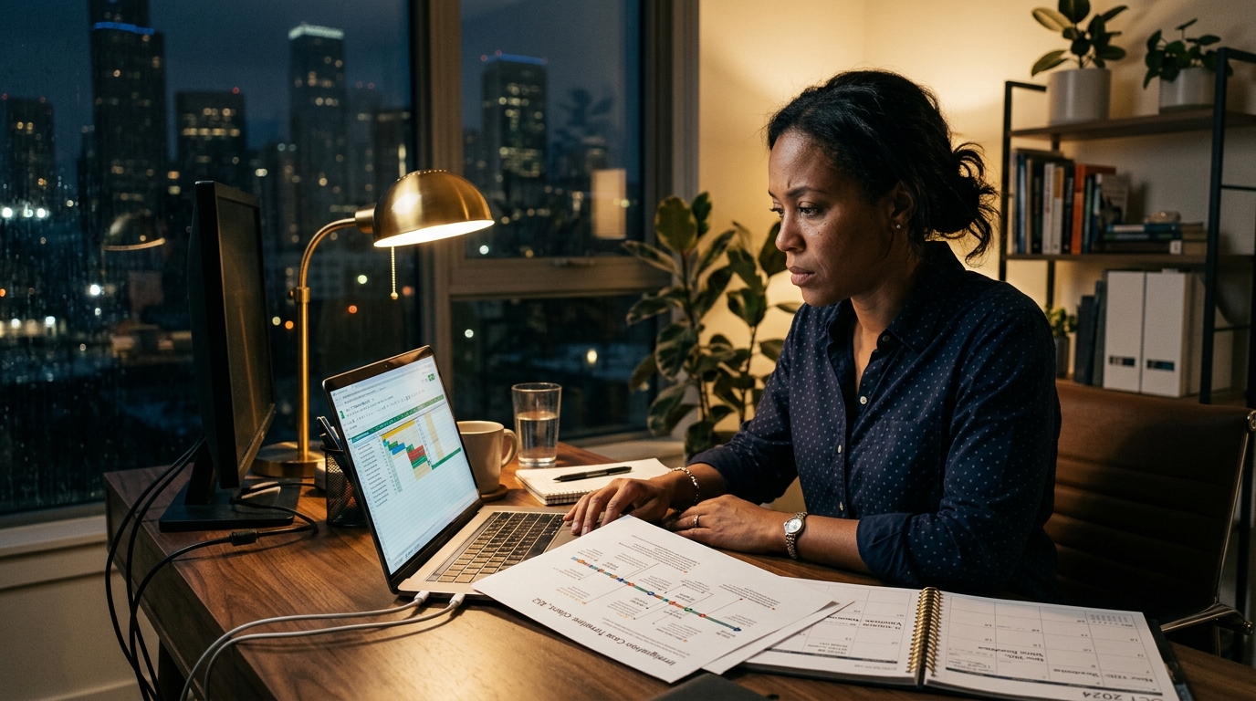 Consultant reviewing immigration case timeline documents at a desk in the evening