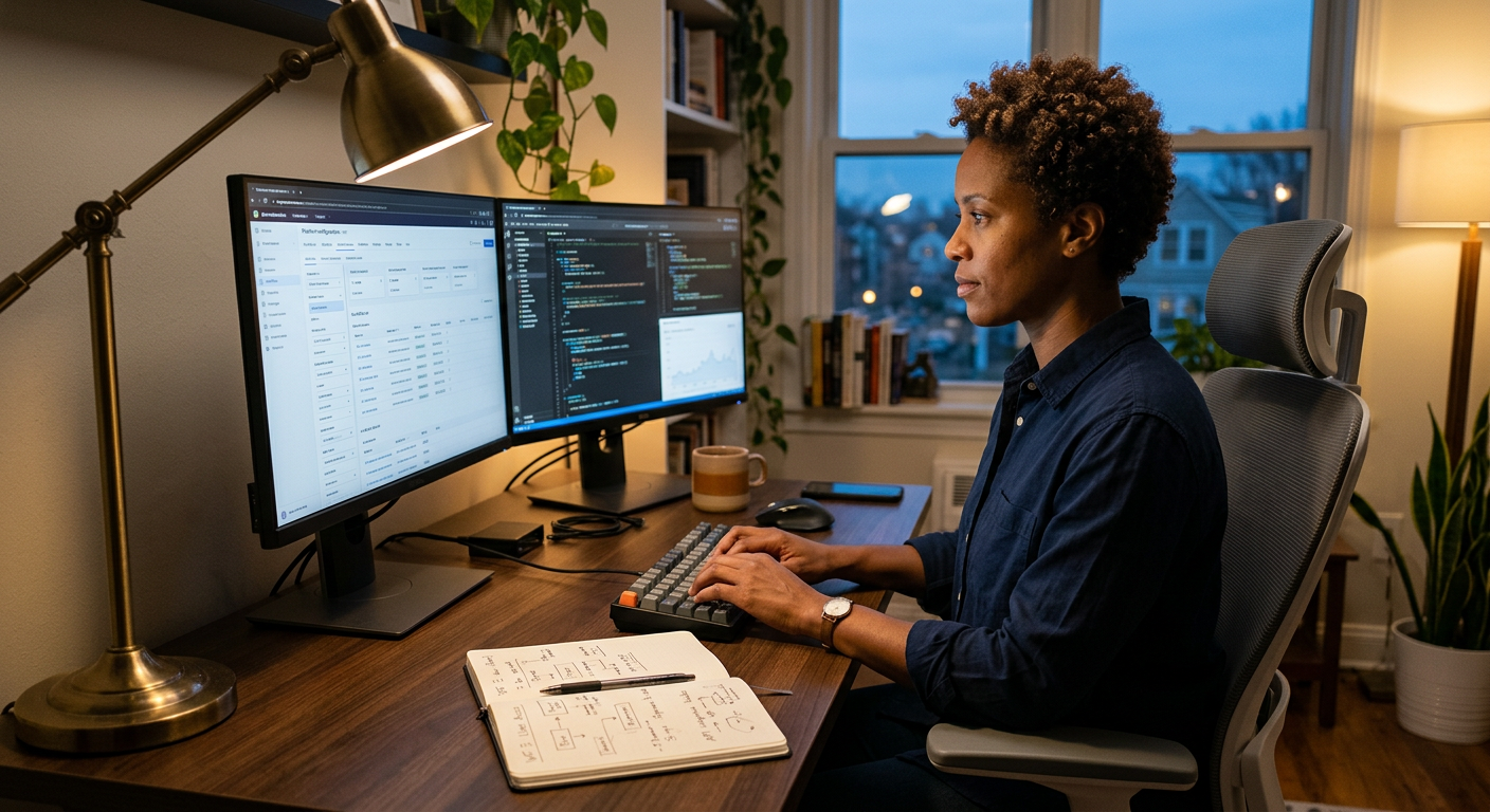 Consultant working at dual monitors configuring a platform workflow screen at a home office desk