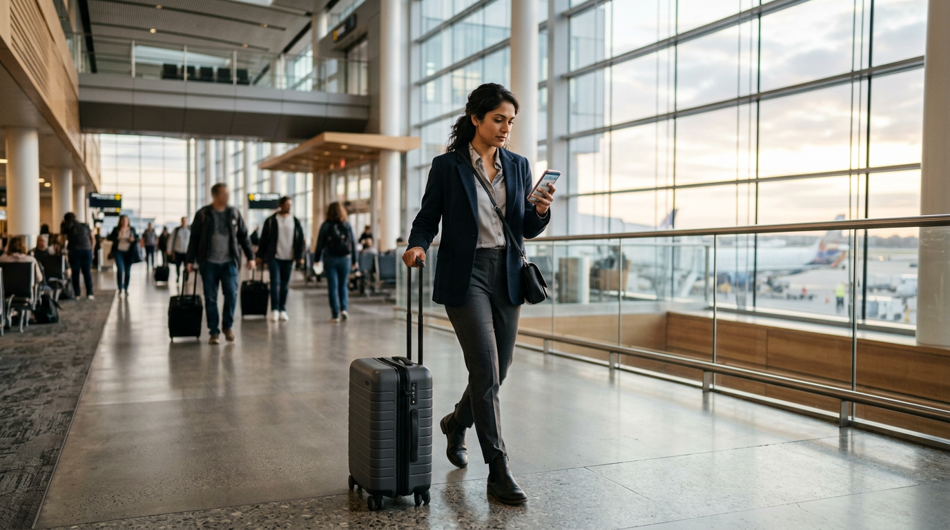 Consultant with carry-on luggage checking phone in airport terminal before short-term work assignment