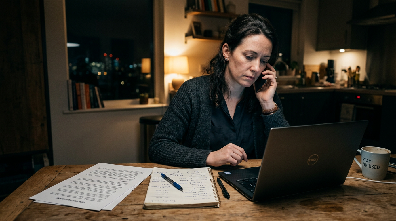 Consultant at a kitchen table at night reviewing a contract offer before deciding whether to decline