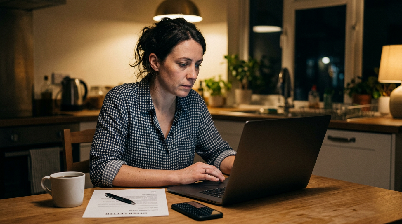 Consultant reviewing a counter offer letter and laptop at a kitchen table at night