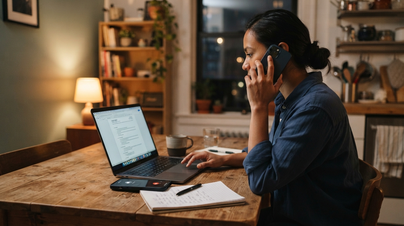 Consultant on a phone screen at a kitchen table with a laptop and notepad in the evening