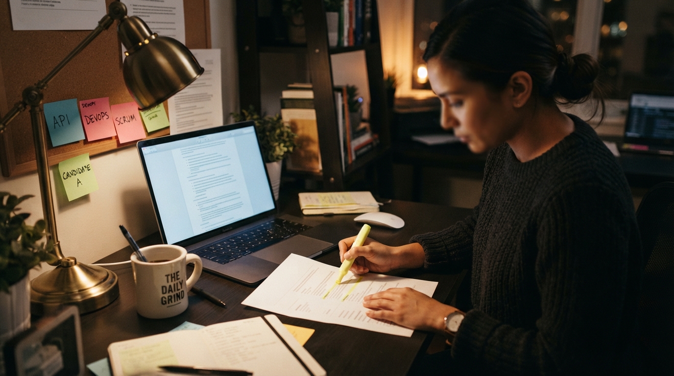 Consultant reviewing a printed resume with multiple short contracts at a home desk