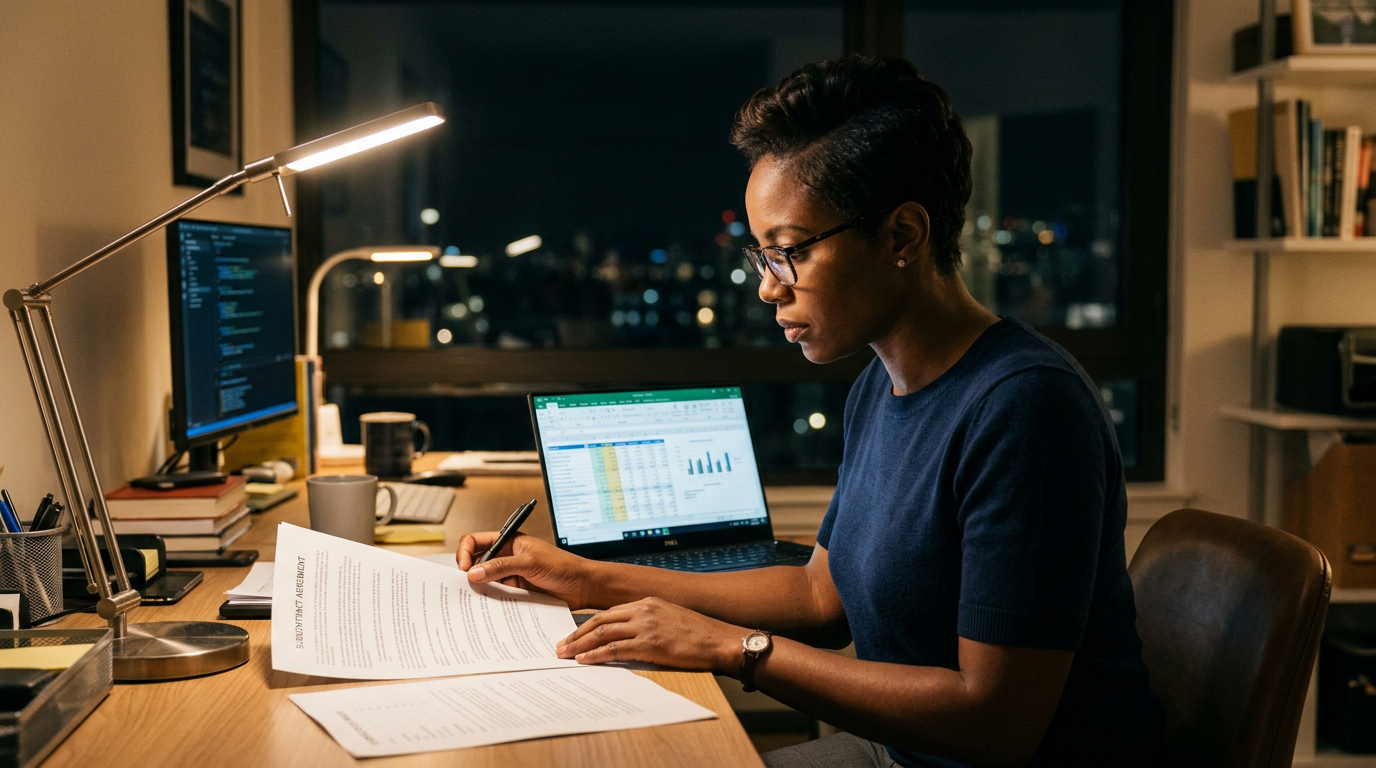 Consultant reviewing a printed staffing subcontract agreement at a desk lamp-lit home office at night