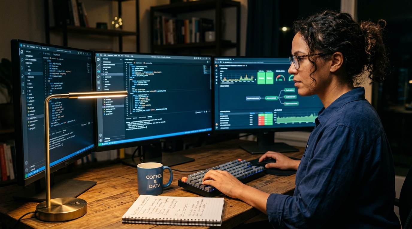 Data consultant comparing Snowflake, Databricks, and BigQuery dashboards on multiple monitors at night