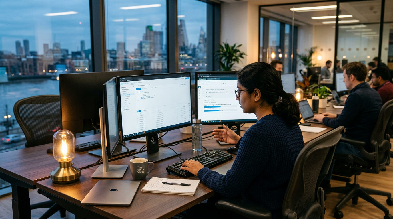 Data engineer comparing Snowflake and Databricks environments across two monitors at a desk
