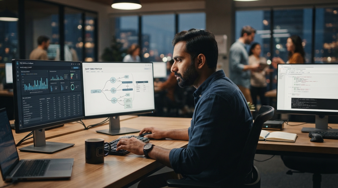 Data engineer comparing a SQL dashboard and a notebook interface across two monitors