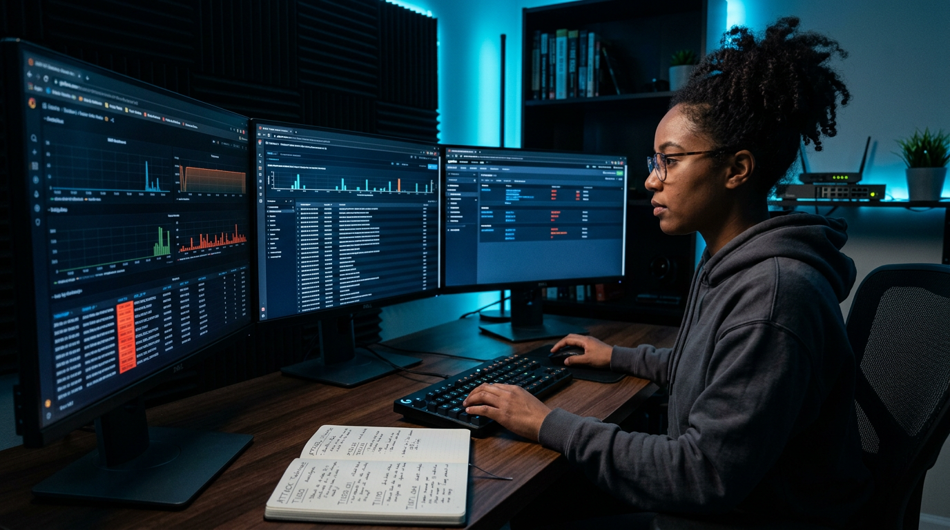 Security consultant reviewing SIEM dashboards at a multi-monitor desk at night