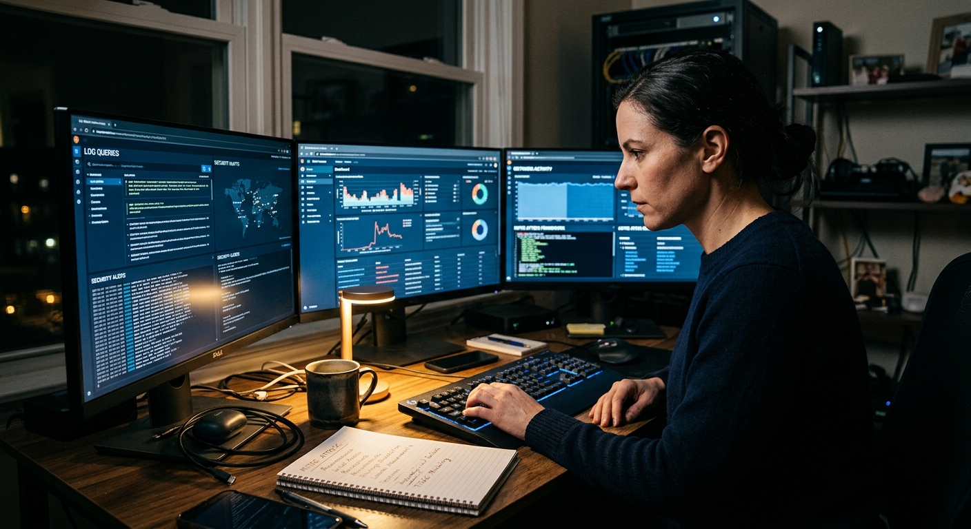 Security analyst working at a multi-monitor setup with SIEM dashboards visible at night