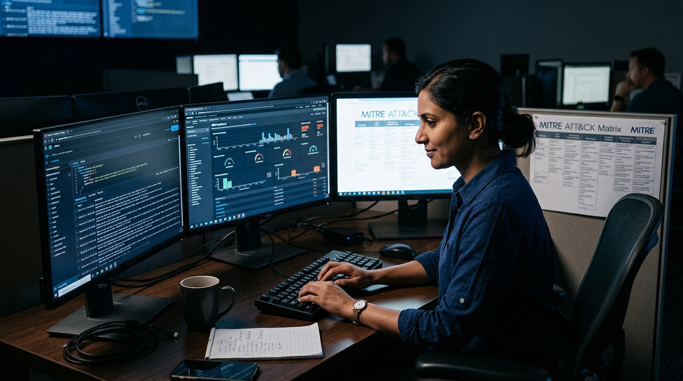 Security analyst at a multi-monitor desk reviewing SIEM alerts and an ATT&CK matrix at night