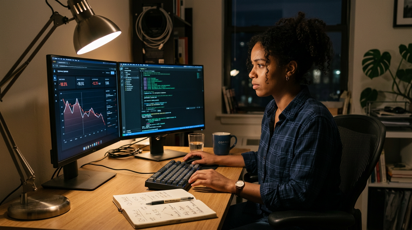 SRE engineer reviewing an error budget dashboard on a dual-monitor desk setup at night