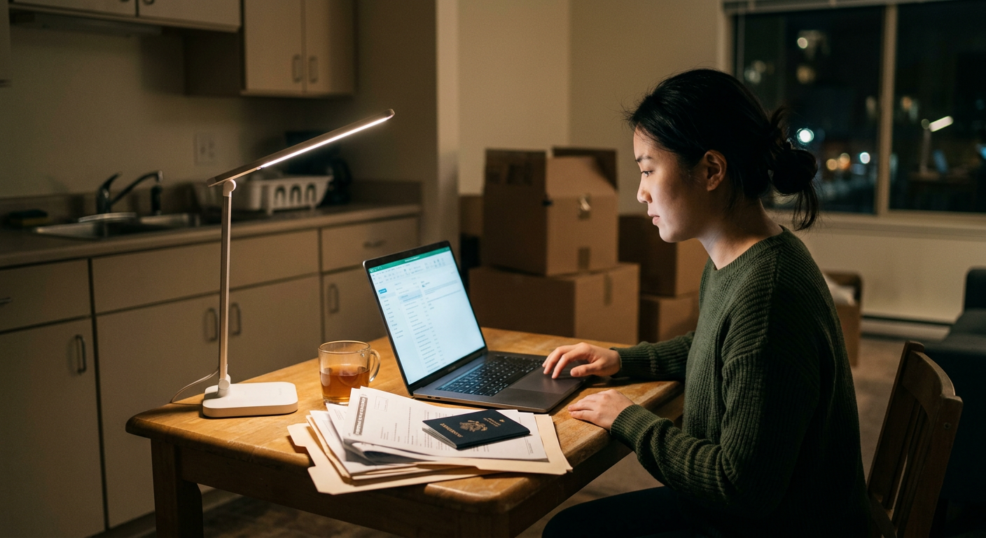 New H-1B professional organizing documents at a kitchen table during their first weeks in the US
