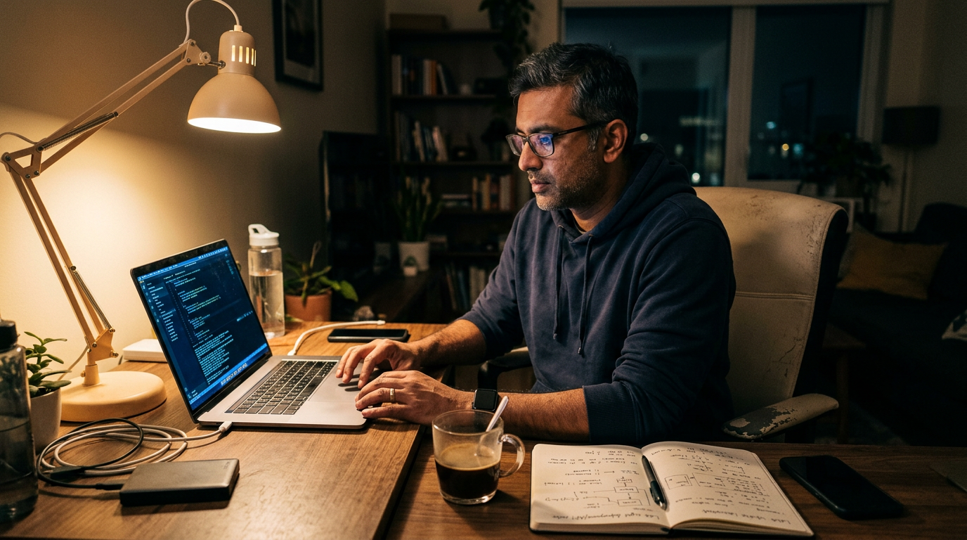 Consultant studying at a home desk late at night with laptop and notebook