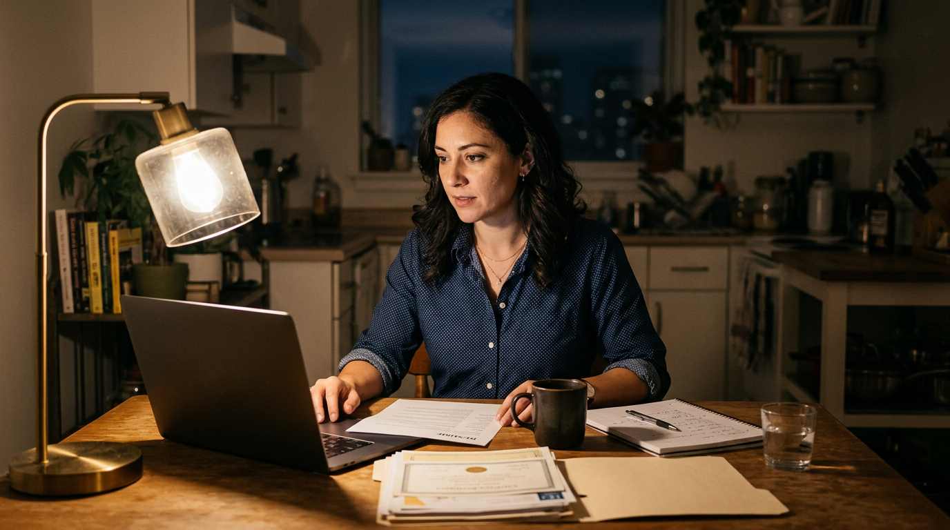 Experienced consultant working late at a kitchen table on a US job search after a mid-career move
