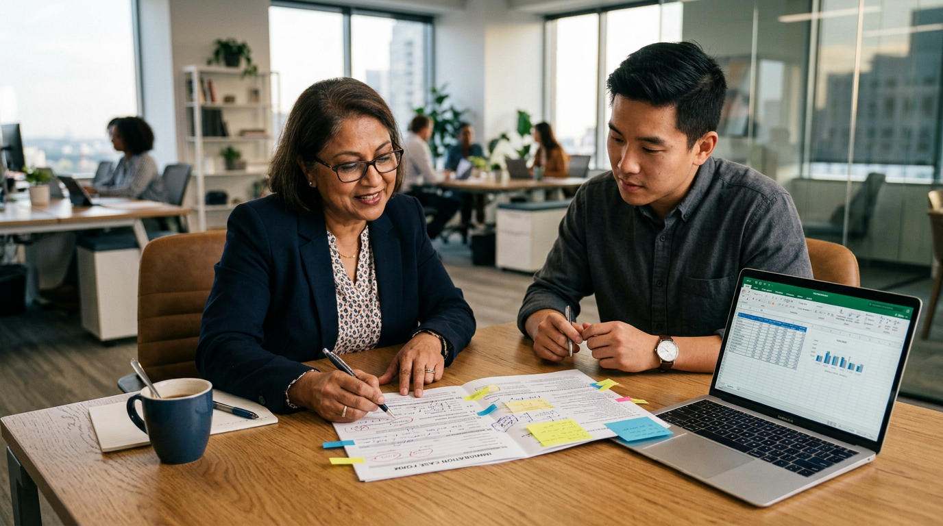 HR coordinator and engineer reviewing a STEM OPT I-983 training plan document at a conference table