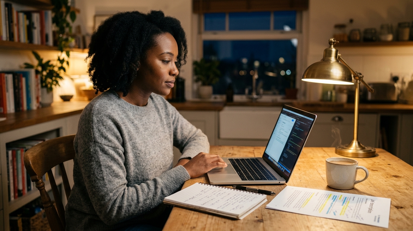 Tech consultant reviewing notes and laptop during a Sunday evening interview prep session