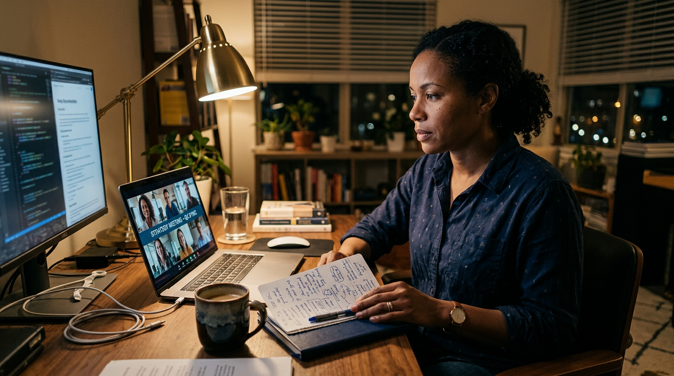 Consultant at a desk late at night preparing notes between back-to-back video interviews