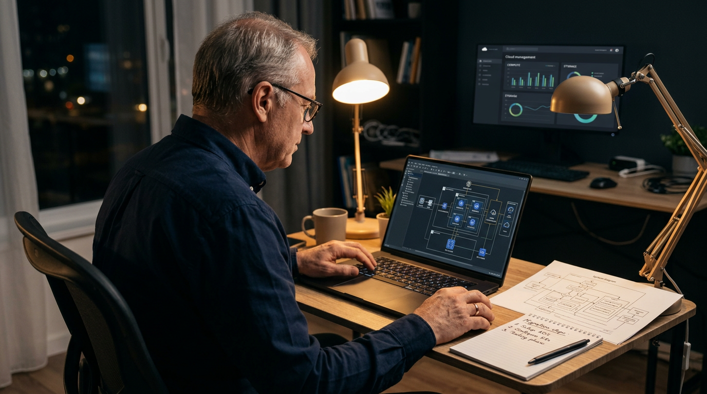 Senior consultant reviewing a system architecture diagram on a laptop at a home desk at night